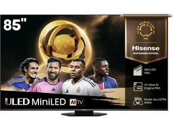 Hisense 85U8Q TV, Glasbildschirm, schwarzer schmaler Rahmen, Frontansicht, zentraler Standfuß, Darstellung von Spielern und Logos, 85 Zoll