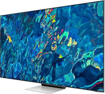 Televizor Samsung QE55QN95B 2022 s plochou obrazovkou, pohled zepředu, zobrazující abstraktní obraz s živými modrými a zelenými barvami