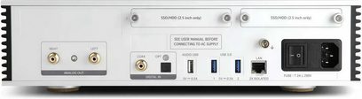 Aurender A200 nettverkslydspiller, sølvfarget bakside med analoge utganger, digitale innganger, USB, LAN og strømforsyning