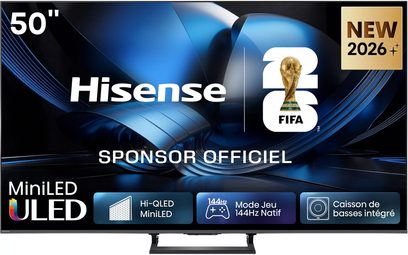Hisense 50-tommers sort fladskærms-tv, MiniLED ULED-visuel med FIFA 2026-logo