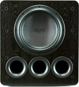 SVS PB-12 Plus baskabin i sort askefinish, frontvisning, 3 runde højttalere, tekstureret sort askefinish