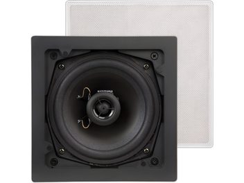 Einbaudeckenlautsprecher ArtSound FL101 schwarz quadratisch mit abnehmbarer weißer Frontabdeckung in Vorderansicht