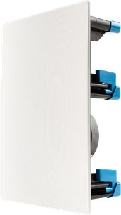 Wandmontierbarer Einbaulautsprecher H65-IW v2, Seitenansicht, weiße perforierte Abdeckung, sichtbare blaue und schwarze Halterungen an den Seiten