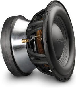 Velodyne DD-12+ sort subwoofer, set fra siden, synlig højttaler, mat sort finish, cylindrisk form