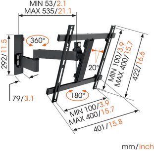Vægmonteret TV-beslag Vogel's WALL 3245 sort. Teknisk diagram med dimensioner i mm/tommer og rotationsvinkler på 180° og 360°