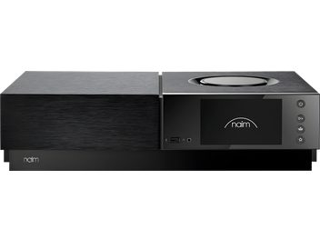 Ampli hi-fi sztereó Naim Uniti Nova Power Edition fekete, előlről nézve, LCD-kijelzővel és vezérlőgombbal ellátott homlokpanel