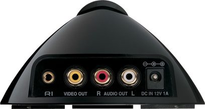 Onkyo DS-A2 sort multimedie-dock, nærbillede forfra, med video-, audio- og strømstik på forsiden