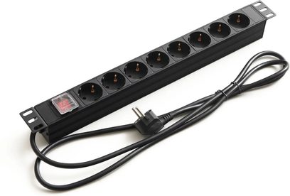 Power strip with switch, 8 black SCHUKO sockets aligned, black cable with European plug, mounting bracket