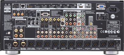 Předzesilovač domácího kina Onkyo PR-SC5509 MMP, pohled zepředu, množství konektorů a tlačítek, centrální LCD displej, černé provedení