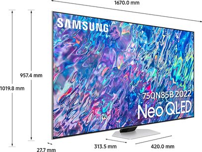 Telewizor Samsung QE75QN85B 2022 Neo QLED 75 cali, widok z przodu, włączony ekran wyświetlający kolorowe abstrakcyjne kształty