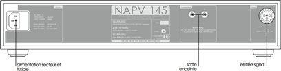 Frontvisning af Naim Audio NAP V145 effektforstærker med stik, kontakter og indikatorlys