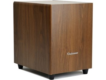 Subwoofer Cabasse Orion MT32 in noce, forma cubica, legno scuro, griglia nera sulla parte frontale