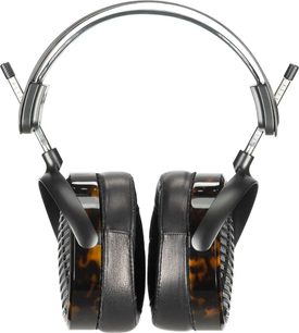 Audeze LCD-5 åben hovedtelefon, omkringørende, sort og sølv, set forfra, hovedbøjle og ørepuder i læder, synlige transducere