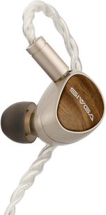 Sivga Que UTG in-ear oortelefoon, bruin geaderde voorkant, champagnekleurige behuizing, grijs oordopje en transparante gevlochten kabel