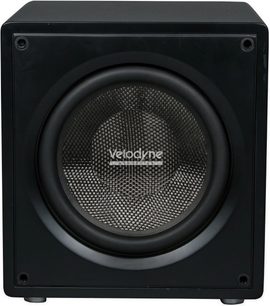 Velodyne VI-Q 15 sort bashøjttaler set forfra, blank kubeformet kabinet og centreret højttalerenhed med flettet membran