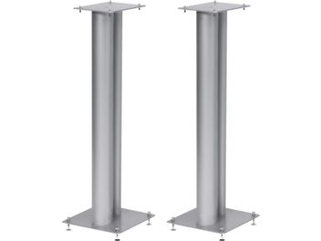 Due supporti per diffusori Norstone Design Stylum 3 argento satinato, cilindrici, base quadrata, su sfondo bianco