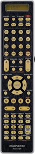 Black Marantz RC011SR remote control for home theater amplifier, numerous golden and silver buttons, LCD display, front view