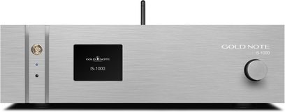Hi-fi ojačevalnik Gold Note IS-1000, brušen srebrni aluminij, osrednji zaslon, velik gumb na desni, pogled od spredaj