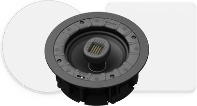 GoldenEar Invisa 525 indbygget højttaler, set forfra, cirkulær sort gitterdæksel, central gul diskant omgivet af 5 højttalerenheder