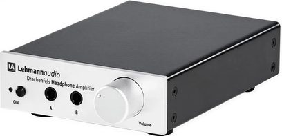 Lehmann Audio Drachenfels sølvfarget hodetelefonforforsterker, rektangulær metallboks, frontpanel med knapper og jackontakter
