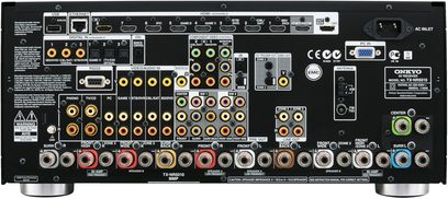Onkyo TX-NR5010 sort hjemmebiografsforstærker, frontpanel, frontvisning, mange stik og knapper, central displayskærm