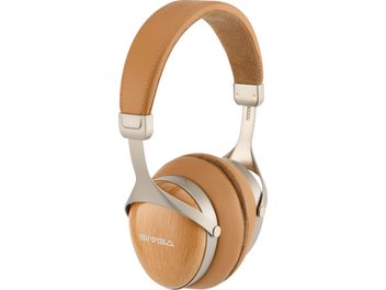 Sivga SV021 PRO hifi-hoofdtelefoon, lichte behuizingen met houtnerf, camelbruine hoofdband en oorkussens, driekwartaanzicht