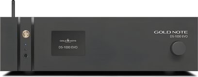 Gold Note DS-1000 EVO sort netværkslydafspiller, sort kabinet med børstet aluminiumsfront, centralt display og stor knap til højre