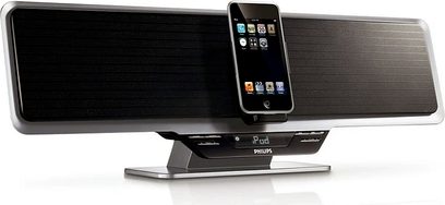 Philips DC-910 sort dockingstation med indbyggede højttalere, holder til mobiltelefon og LCD-skærm