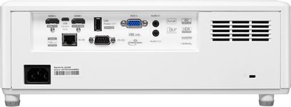 Optoma HZ40 hvid videoprojektor, set forfra, med HDMI-, VGA-, USB-, lyd- og netværkstilslutningsporte på bagpanelet