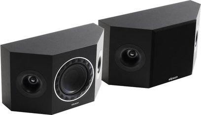 To sorte Elipson Prestige Facet 7SR højttalere, set fra en vinkel forfra, med trapezformet design, central rund højttaler og mat, tekstureret overflade