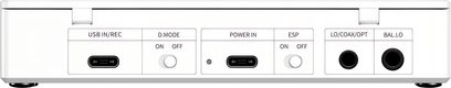 FiiO DM15 R2R hvid hi-fi CD-afspiller, set bagfra med to USB-C-porte og lydudgange