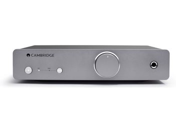 Фонокоректор Cambridge Audio Alva Duo в сребрист цвят, изглед отпред, с бутони, въртящ се регулатор и жак за слушалки на предния панел