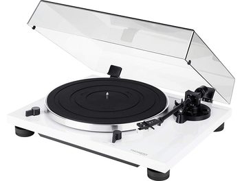 Плоча за грамофон Thorens TD 201 в бял лак, изглед отгоре, с отворен капак, тонарм и черен плотер