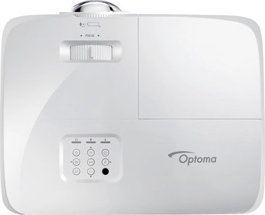 Optoma HD29HST hvid videoprojektor, set forfra, med linse, kontrolknapper og logo på toppen