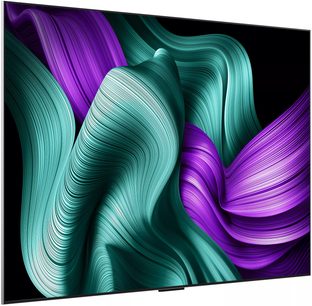 LG OLED83M5 sort højopløsnings-tv, fladskærm i glas fra kant til kant i en ultratynd metalramme, set fra trekvart vinkel