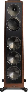 Paradigm Founder 100F floorstanding speaker in walnut finish, front view, 3 circular black drivers, dark wood cabinet