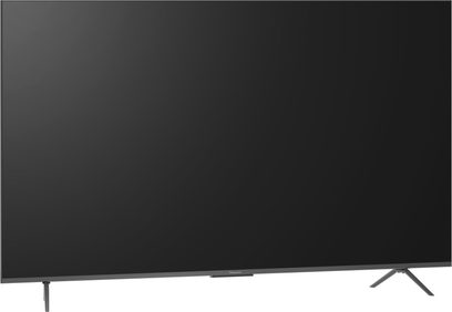 Panasonic TV-85W95BEG højopløsnings-tv, fladskærm i sort med tynd ramme i mørkegråt metal og to tilpassede trekantede fødder, set fra fronten i let skrå vinkel
