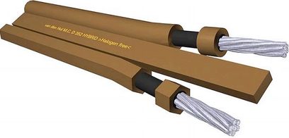 Avdio kabel Van den Hul The D-352 Hybrid, dve svetlo rjavi ploščati žici, prosojna obloga, črni bananasti konektorji