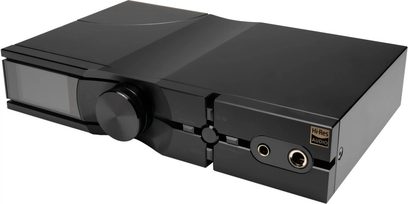 Sluchátkový předzesilovač iFi Audio Neo iDSD 3 černý, velké centrální tlačítko, dva sluchátkové výstupy na čelním panelu
