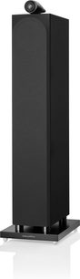Sloupcový reproduktor Bowers & Wilkins 702 S3 v černé lakové úpravě, pohled zepředu, výškový reproduktor nahoře, čelní panel v černé barvě, stříbrná základna