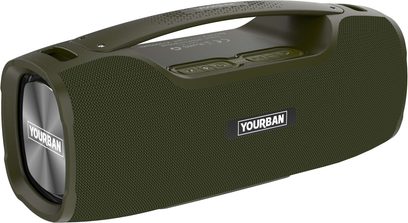 Altoparlante bluetooth Yourban Getone 70 verde, vista di tre quarti, griglia frontale, pulsanti sulla parte superiore, maniglia integrata
