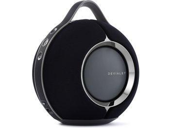 Безжичен високоговорител DEVIALET MANIA черен, преден изглед, черна решетка, сребристо халка, сферична форма с дръжка
