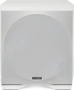 Cajón de graves Paradigm Defiance S10 blanco, vista frontal, carcasa cúbica, rejilla circular de malla, base metálica