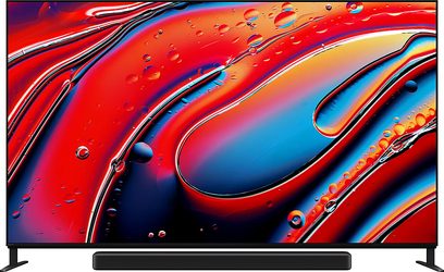 Televizor Sony BRAVIA 9 (75XR90), plochá obrazovka, pohled zepředu, černý rám, barevný abstraktní obraz, boční nožky, soundbar
