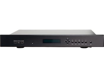 Siyah Bryston BDP-3 ağ müzik çalar, ekranlı fırçalanmış alüminyum ön panel, kontrol düğmeleri ve ön USB portları ile