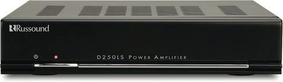 Russound D250LS effektforstærker, set forfra, sort farve, 7 knapper, 1 lys indikator, ventilationsgitter