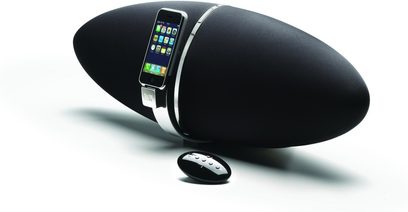 Sort Bowers & Wilkins Zeppelin multimediehøjttaler, æggeformet, med integreret iPod/iPhone-dock, set forfra