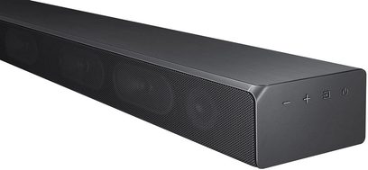 Samsung HW-MS650 sort soundbar, set forfra, rektangulær forlænget form, metallisk gitter på forsiden