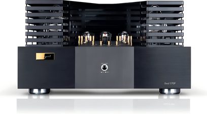 Amplificatore di potenza Cayin Soul 170P nero in metallo spazzolato, vista frontale, valvole sotto griglie, pulsante Power centrale