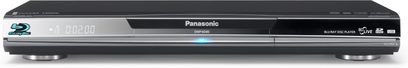 Panasonic DMP-BD80 4K Blu-ray-afspiller, set forfra, blank sort front, blåt display, trykfølsomme knapper, centreret diskskuffe